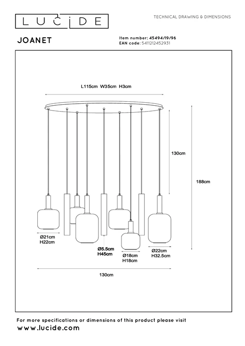 Lucide JOANET Tube - Pendant light - 6xE27 - Brass - technical